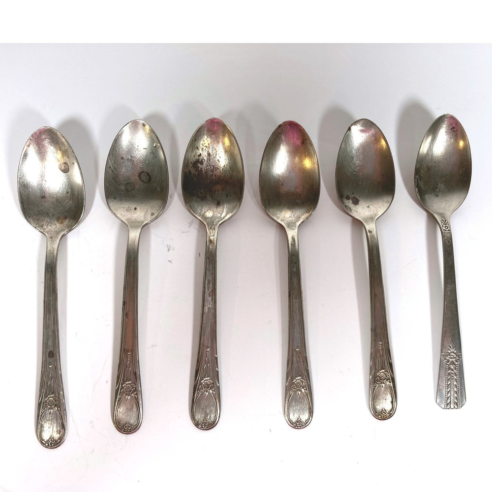 Vintage Vernon Silver Plate Teaspoons Set of‎ 6 Mixed Floral Geometric Patterns
